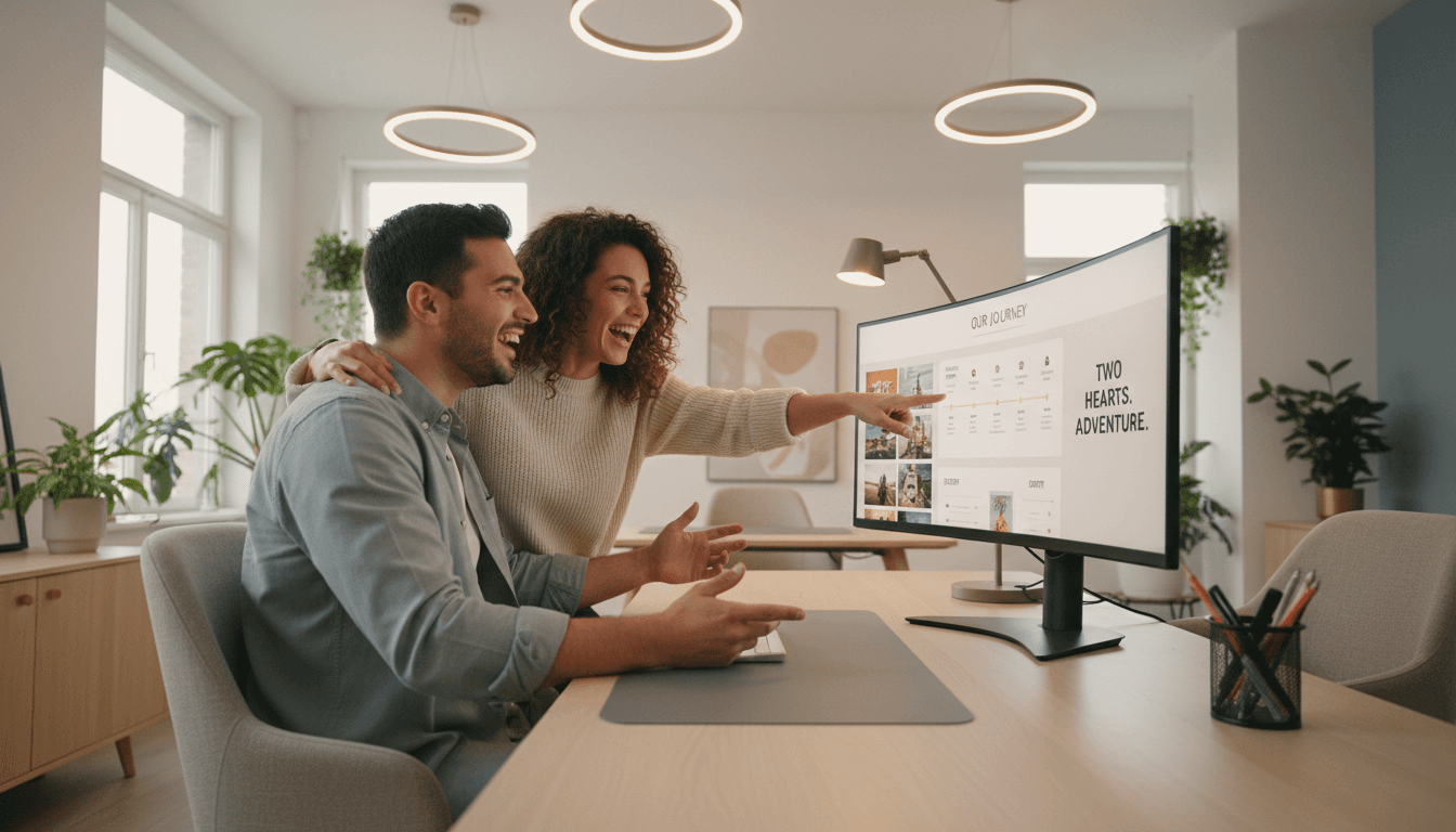 Couple reviewing website design on a laptop in a bright home office