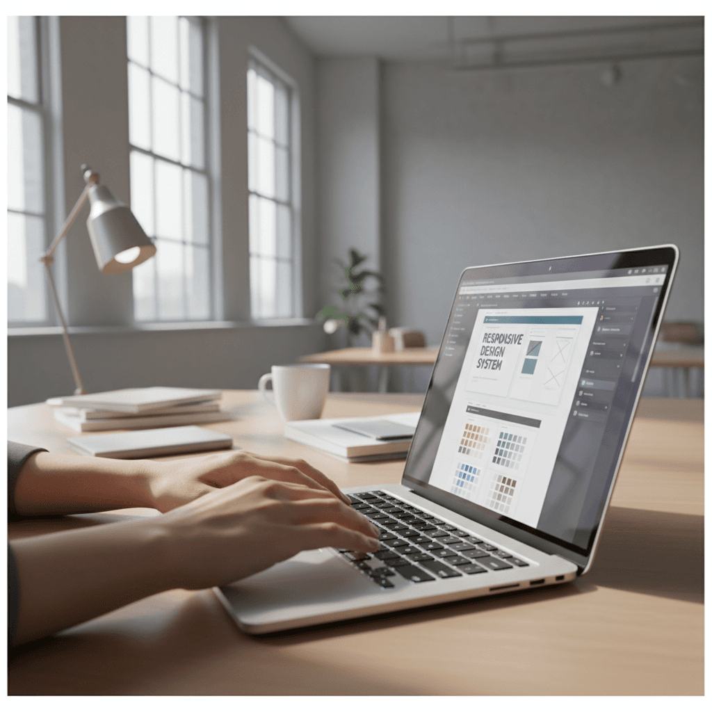 Designer reviewing a launched website on a desktop monitor