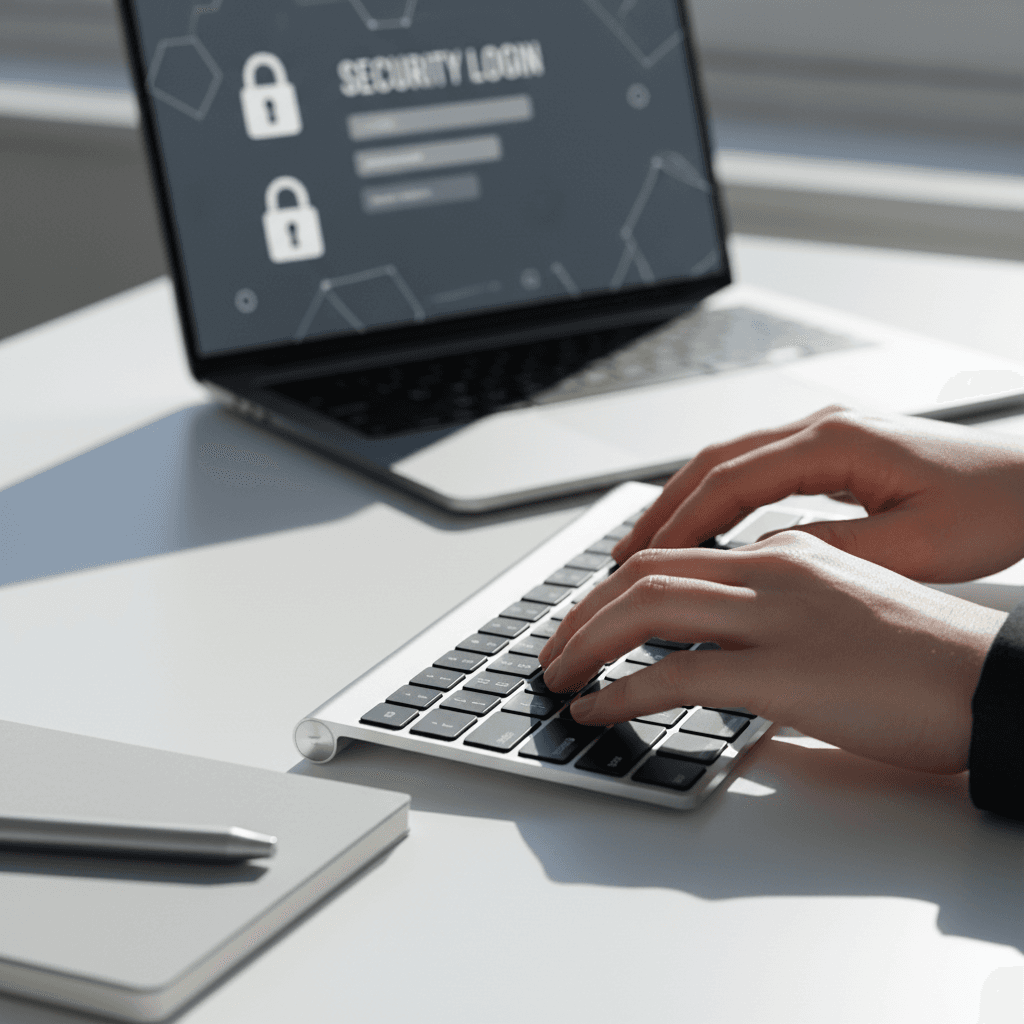 Hands typing on a laptop with a security icon on screen