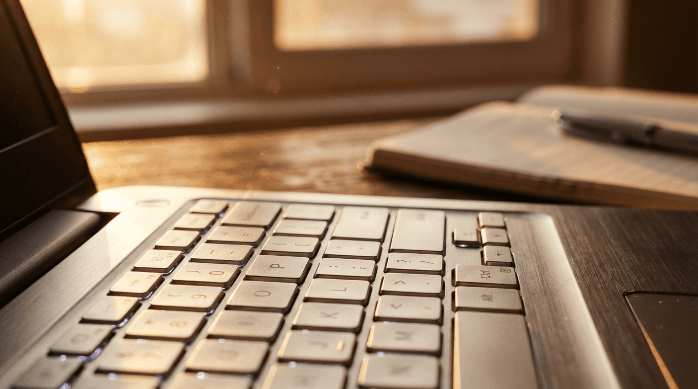 Laptop showing a homepage layout beside a notebook with annotations