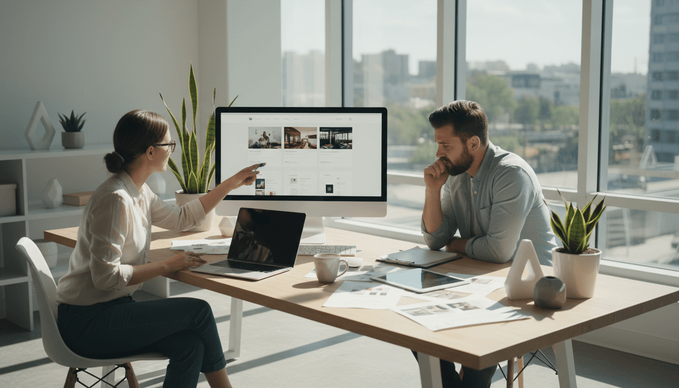 Web designer discussing project goals with a client over a laptop