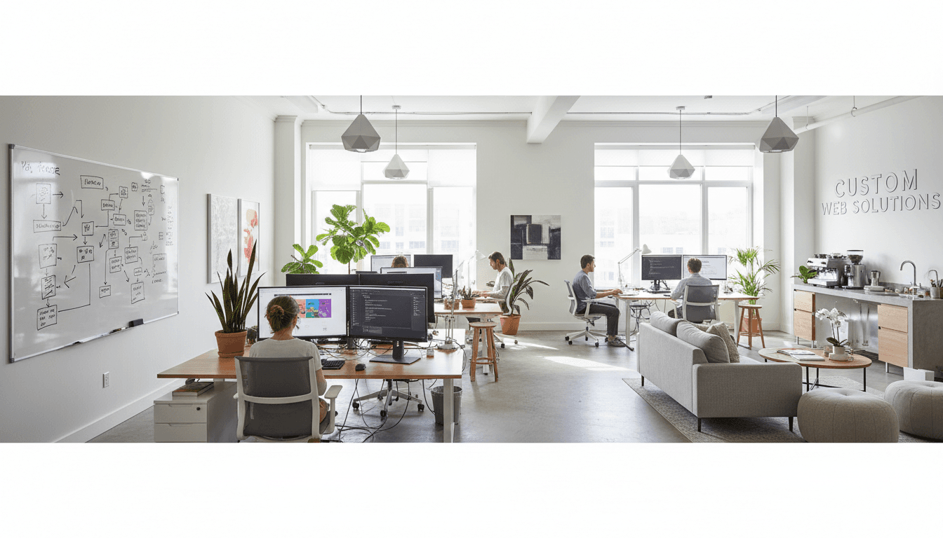 Designer's workspace with laptop showing website layout in a bright studio