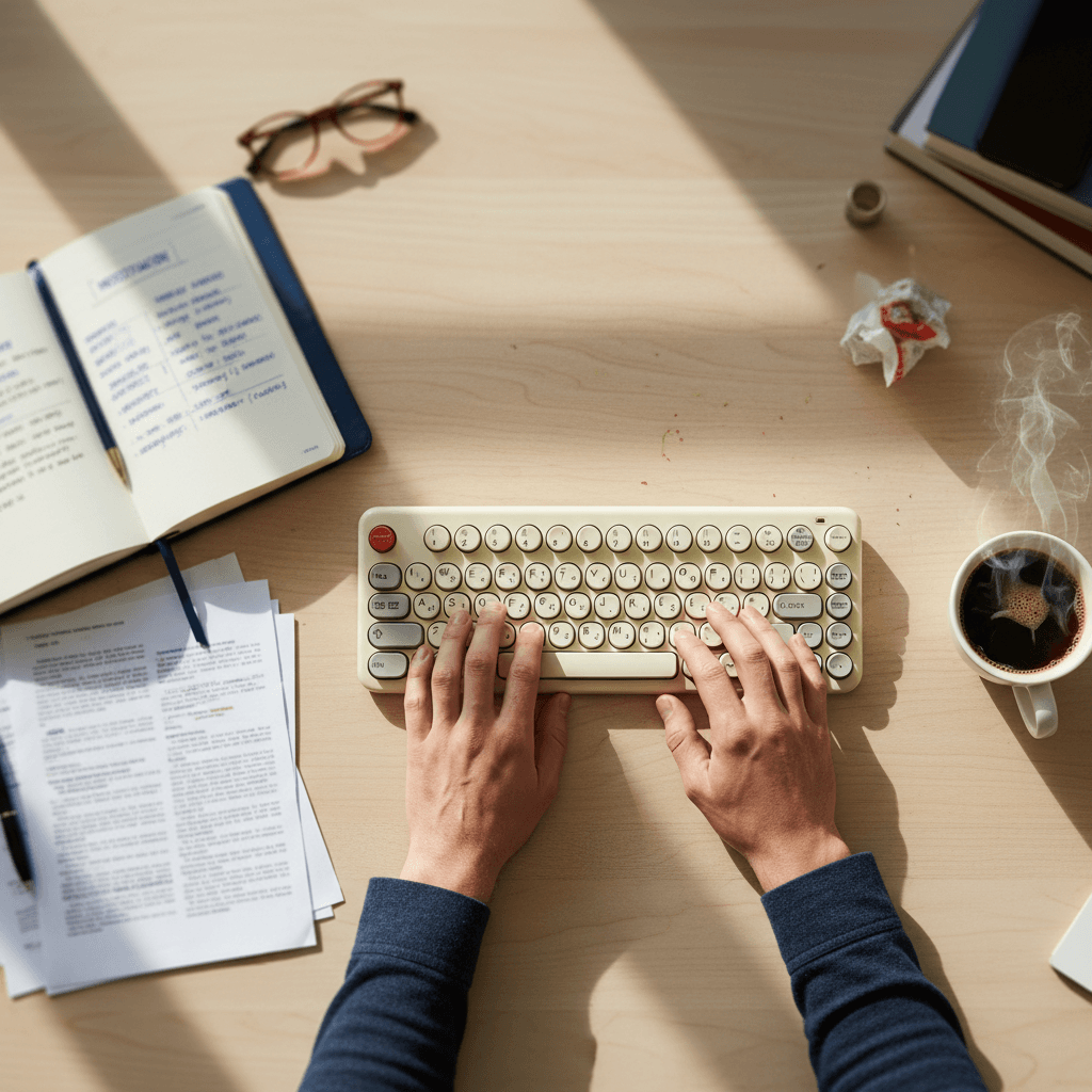 Overhead shot of a desk with website copy drafts