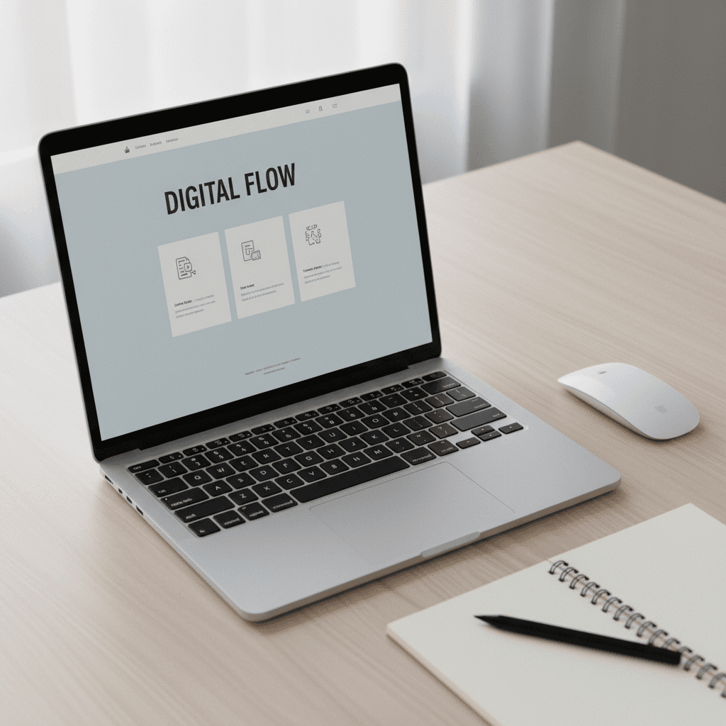 Laptop showing a modern website design in a bright home office