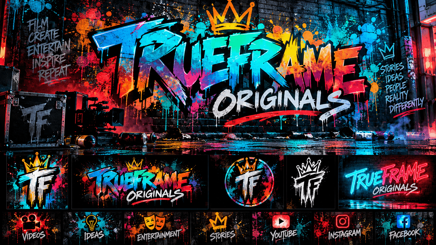 Vibrant graffiti-style brand board for TrueFrame Originals featuring cinematic icons and colorful paint splatters.